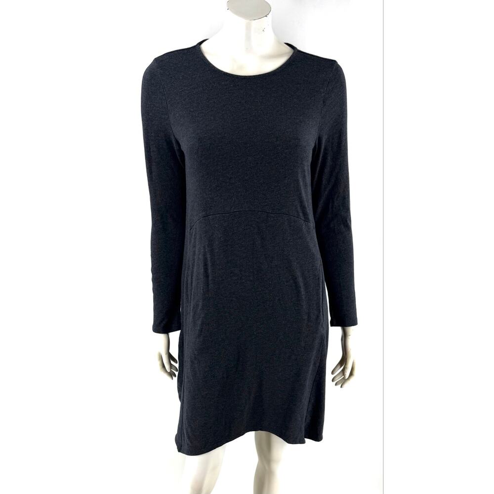 J Jill Dipped Hem Swing Dress Small Gray Long Sleeve Pockets Pima Cotton Blend